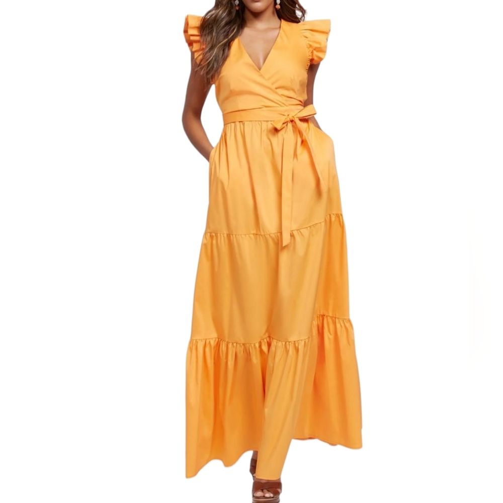 New York & Company Poplin Maxi Dress Womens Size XL Orange Ruffle Sleeve Pockets